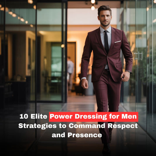 Confident man in tailored burgundy suit walking down the corridor of offices