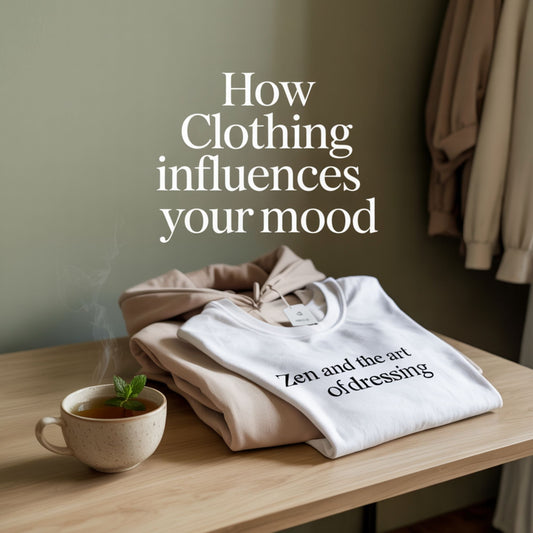 Minimalist flat lay with cozy clothing and calming elements, featuring the blog title “Zen and the Art of Dressing: How Clothing Influences Your Mood” in elegant font