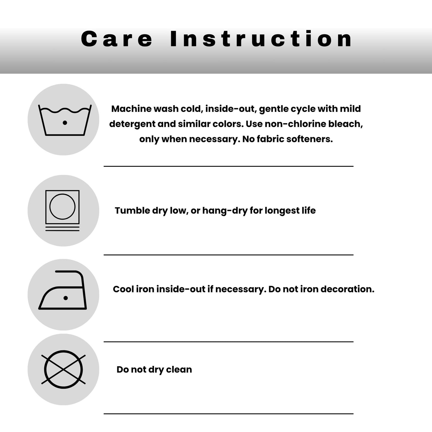 Care instruction sheet with washing, drying, and ironing guidelines.