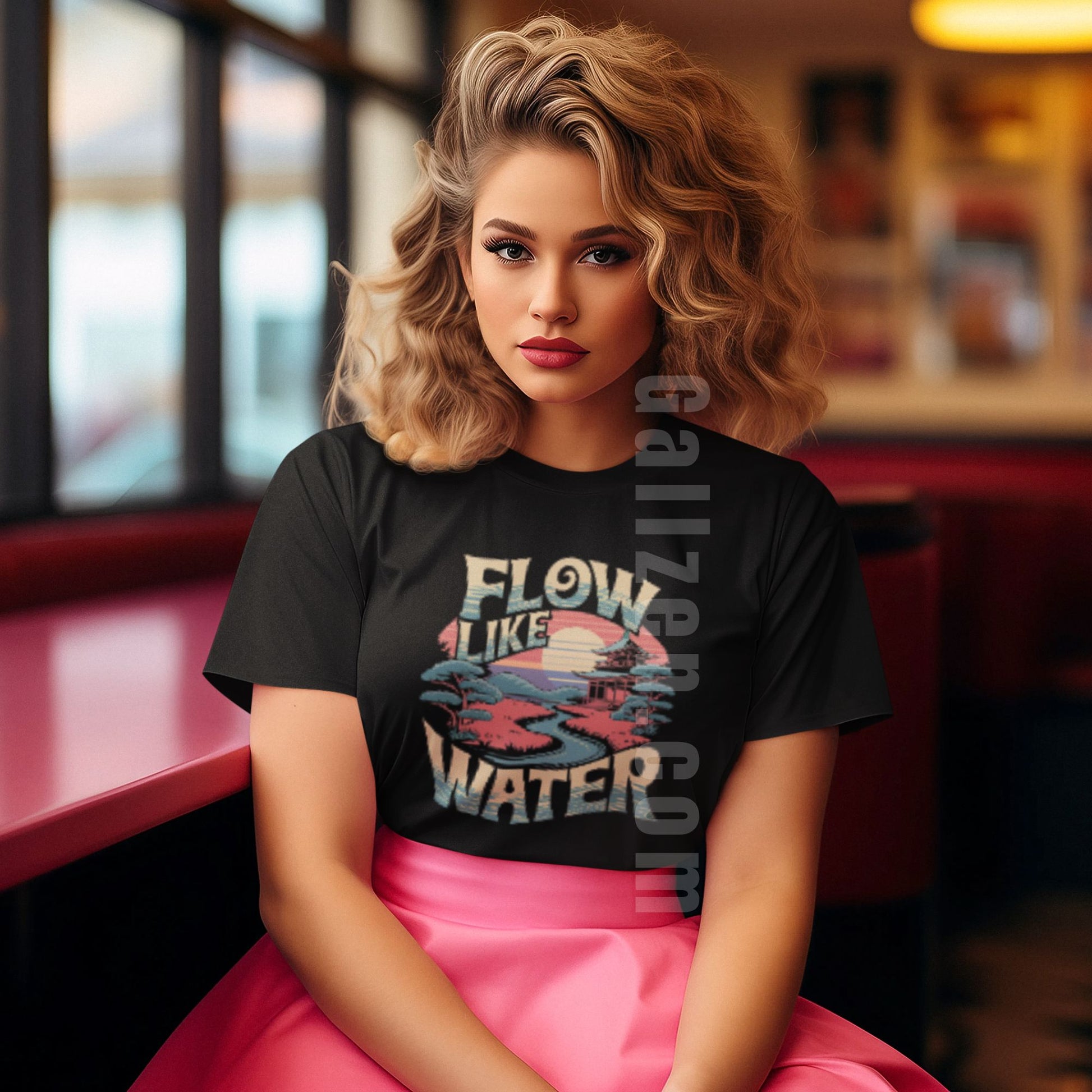 Retro-Flow-Like-Water-black-t-shirt-with-a-scenic-nature-design-perfect-for-vintage-fashion-lovers