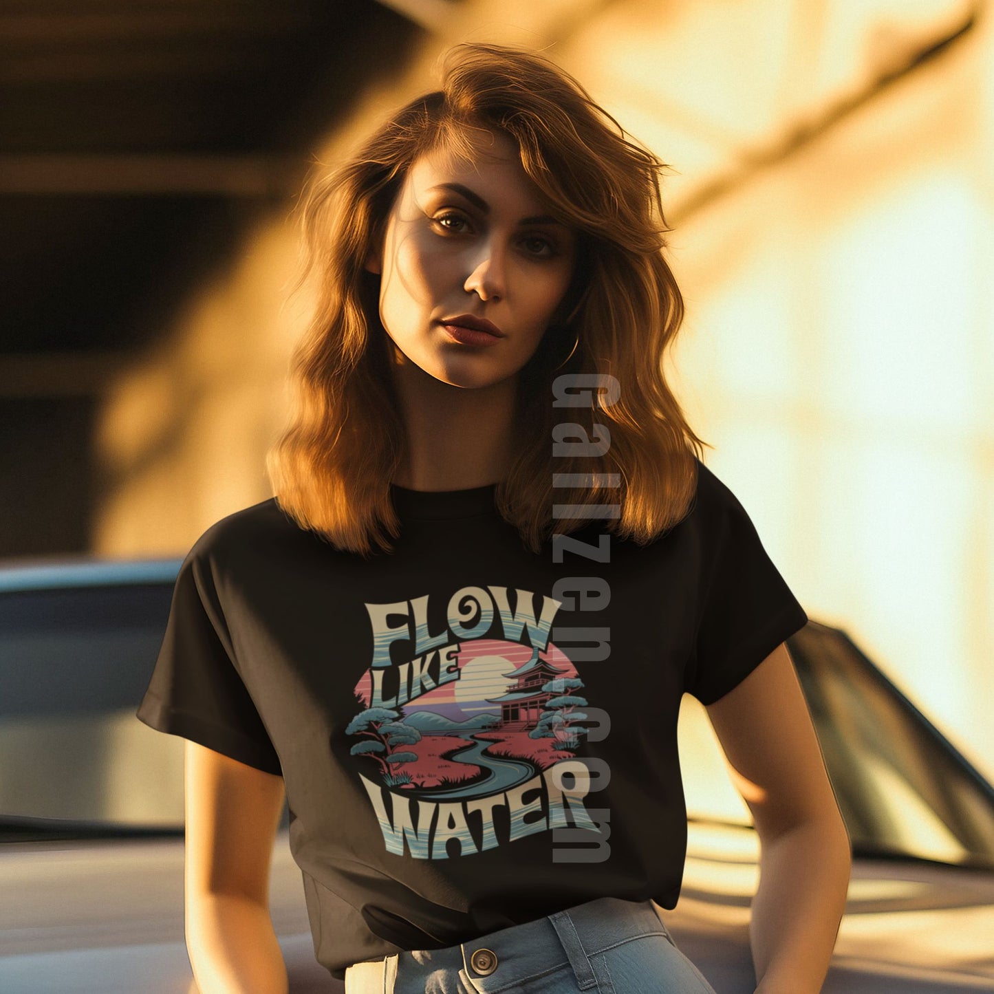 Stylish-women_s-tee-featuring-Flow-Like-Water-in-retro-colors-ideal-for-casual-wear