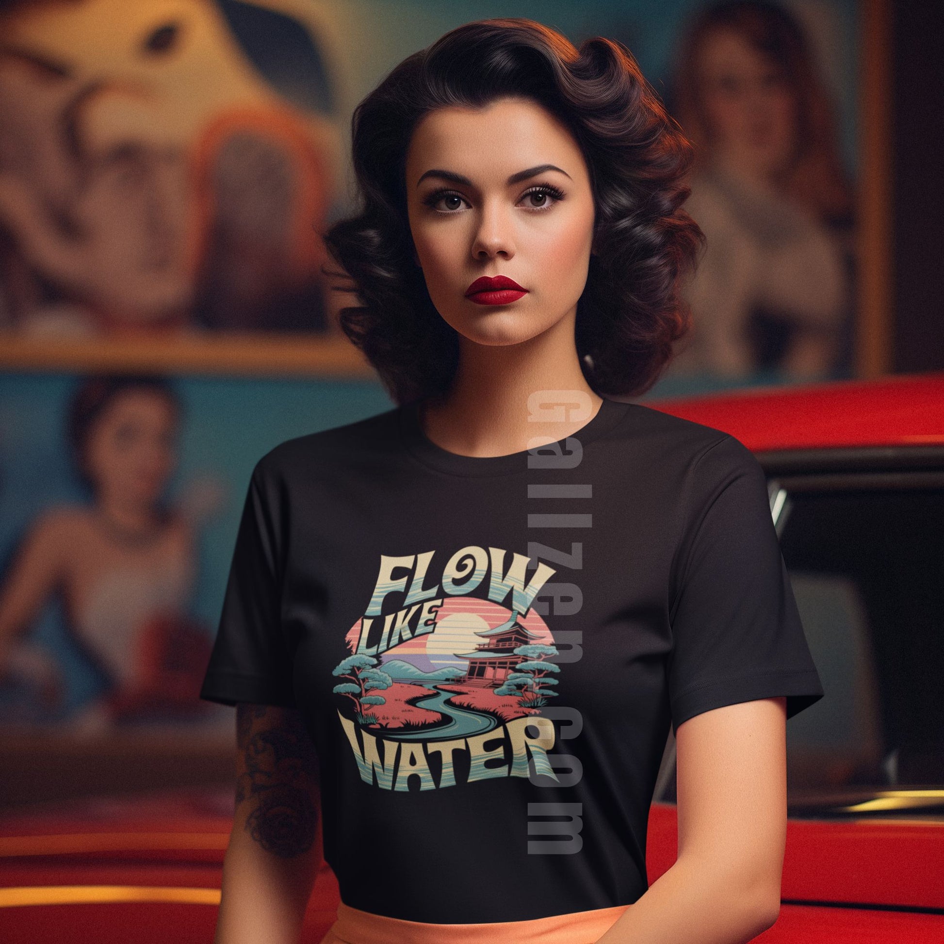 Trendy-black-t-shirt-with-a-motivational-quote-and-a-peaceful-Japanese-inspired-river-scene