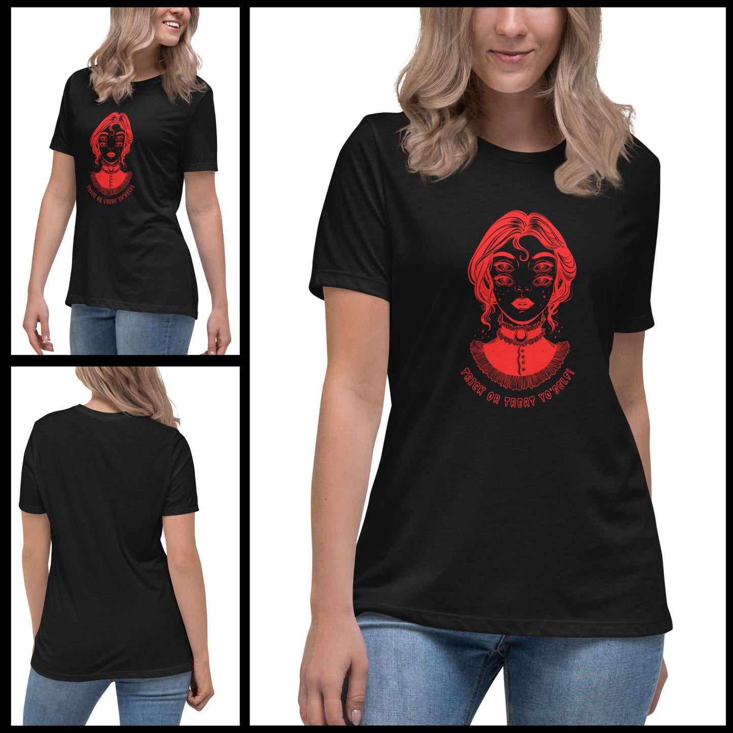 Woman-in-black-Halloween-t-shirt-featuring-a-red-and-white-Trick-or-Treat-YourSelf-print