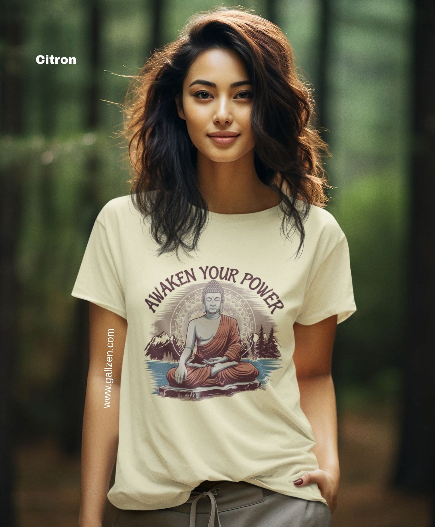 A woman wearing a t-shirt with a Buddha design and the text "Awaken Your Power", promoting inner peace