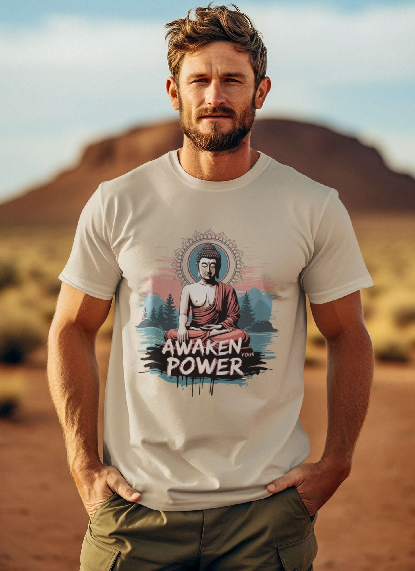 Man wearing a t-shirt with a Buddha graphic and 'Awaken Power' text in a desert setting