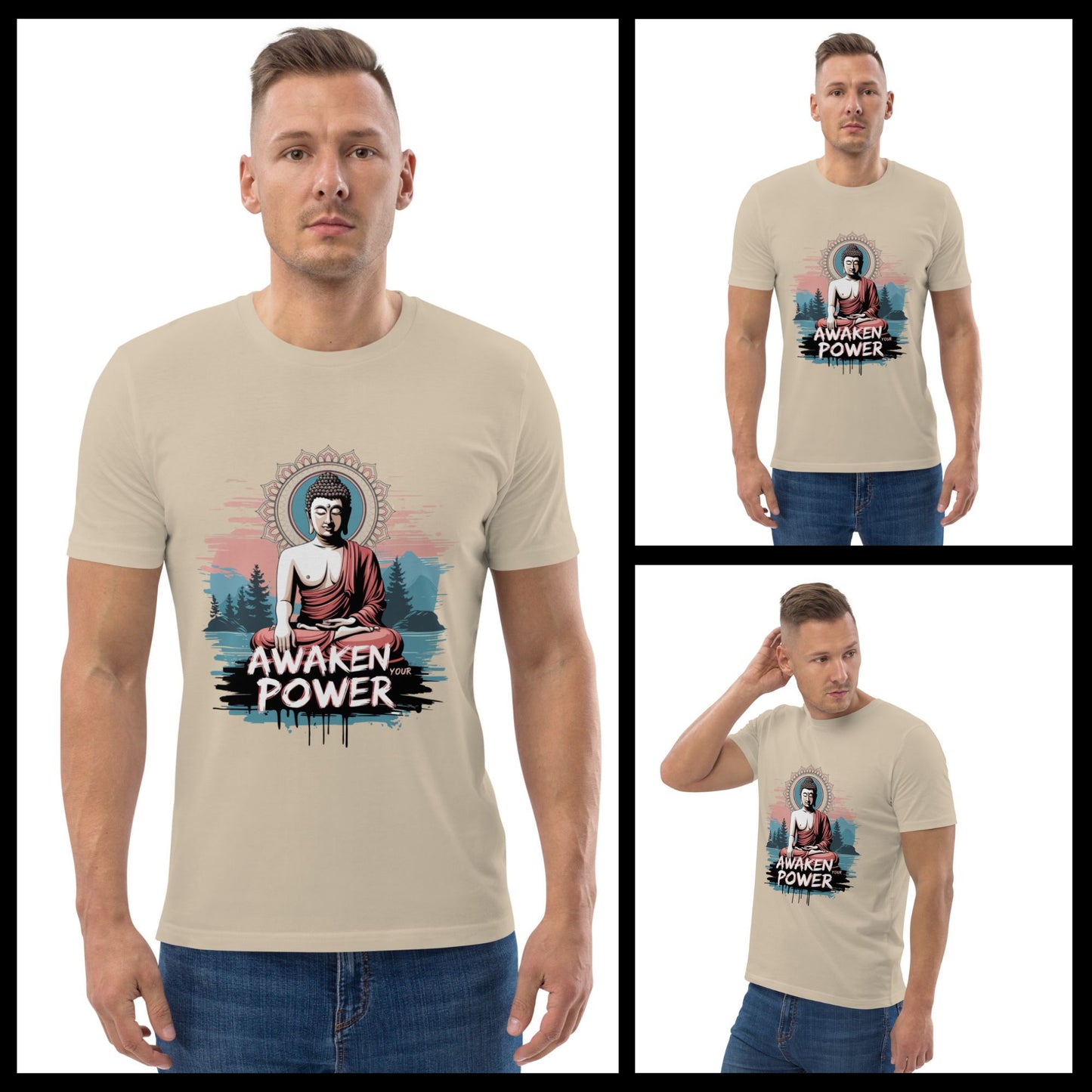 Collage of a man wearing a t-shirt with a Buddha graphic and 'Awaken Power' text.
