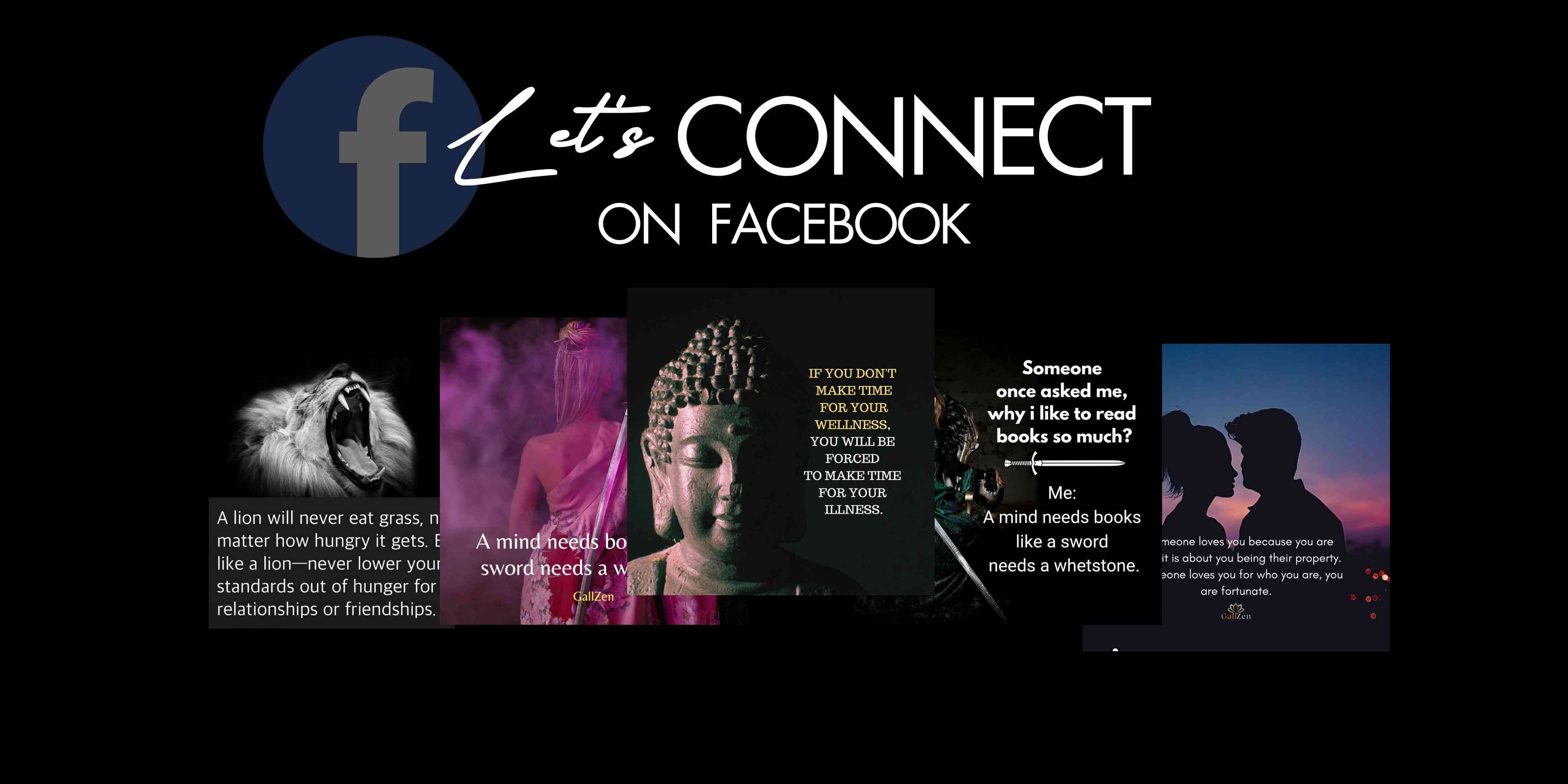Promotional graphic for Facebook with text 'Let's Connect on Facebook' and images of a lion, Buddha, and a couple.