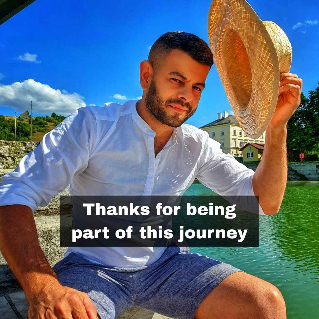 Man sitting by a body of water with a straw hat, text overlay 'Thanks for being part of this journey'.