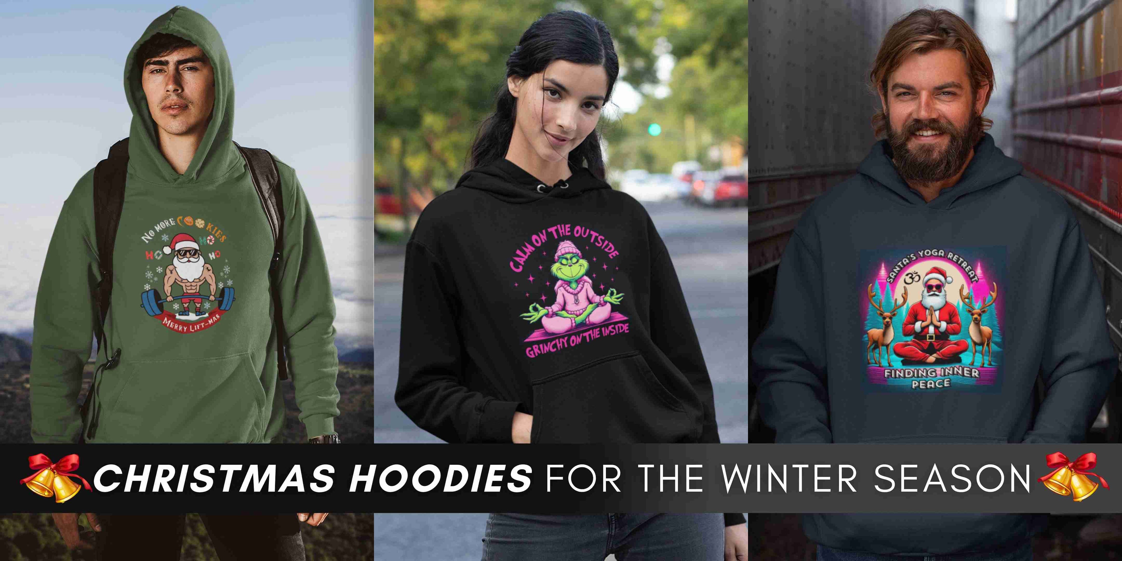 Three people wearing Christmas-themed hoodies made by Gallzen with festive designs.