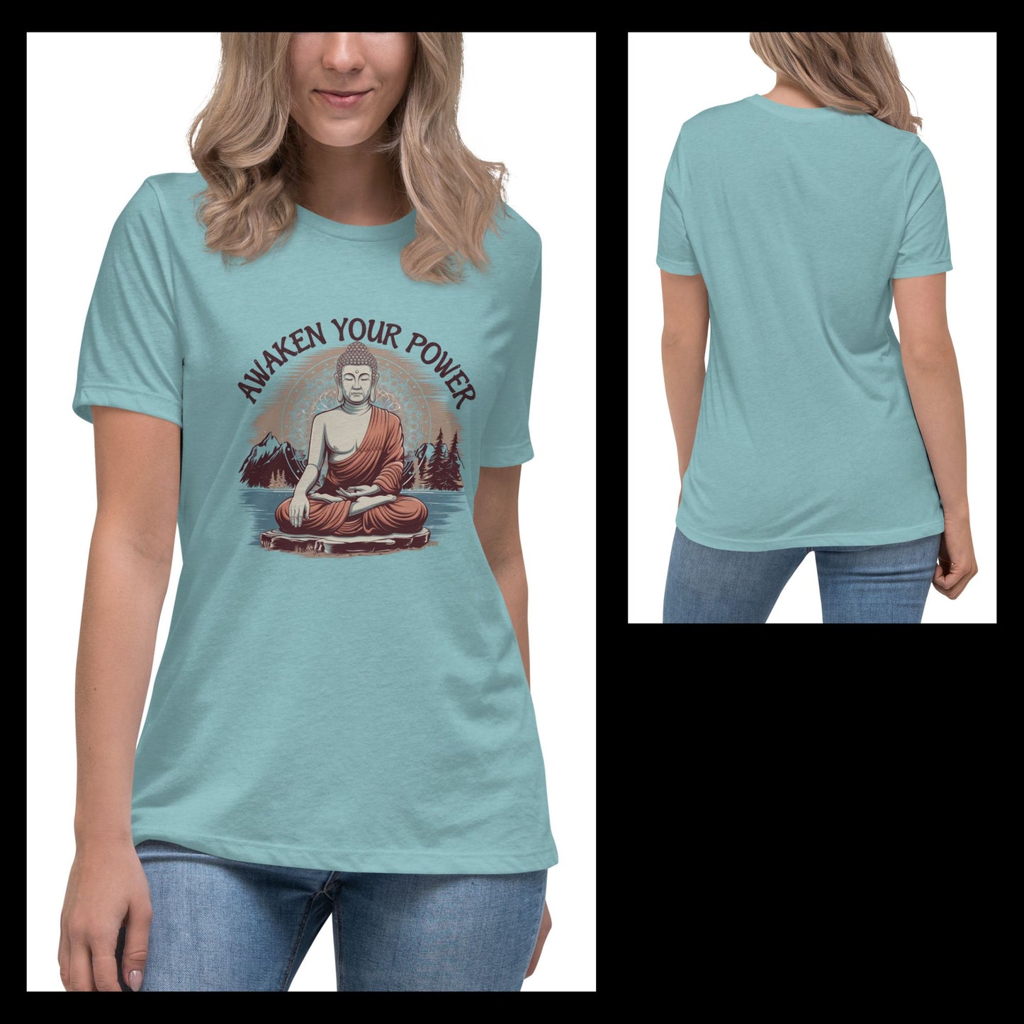 Front and back view of a light blue women's t-shirt featuring a "Awaken Your Power" graphic of a meditating figure.