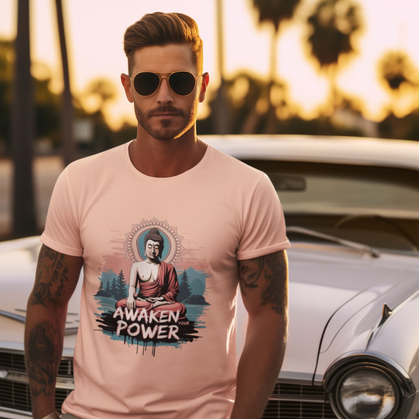 Man wearing a t-shirt with a Buddha graphic and 'Awaken Power' text, standing in front of a car.