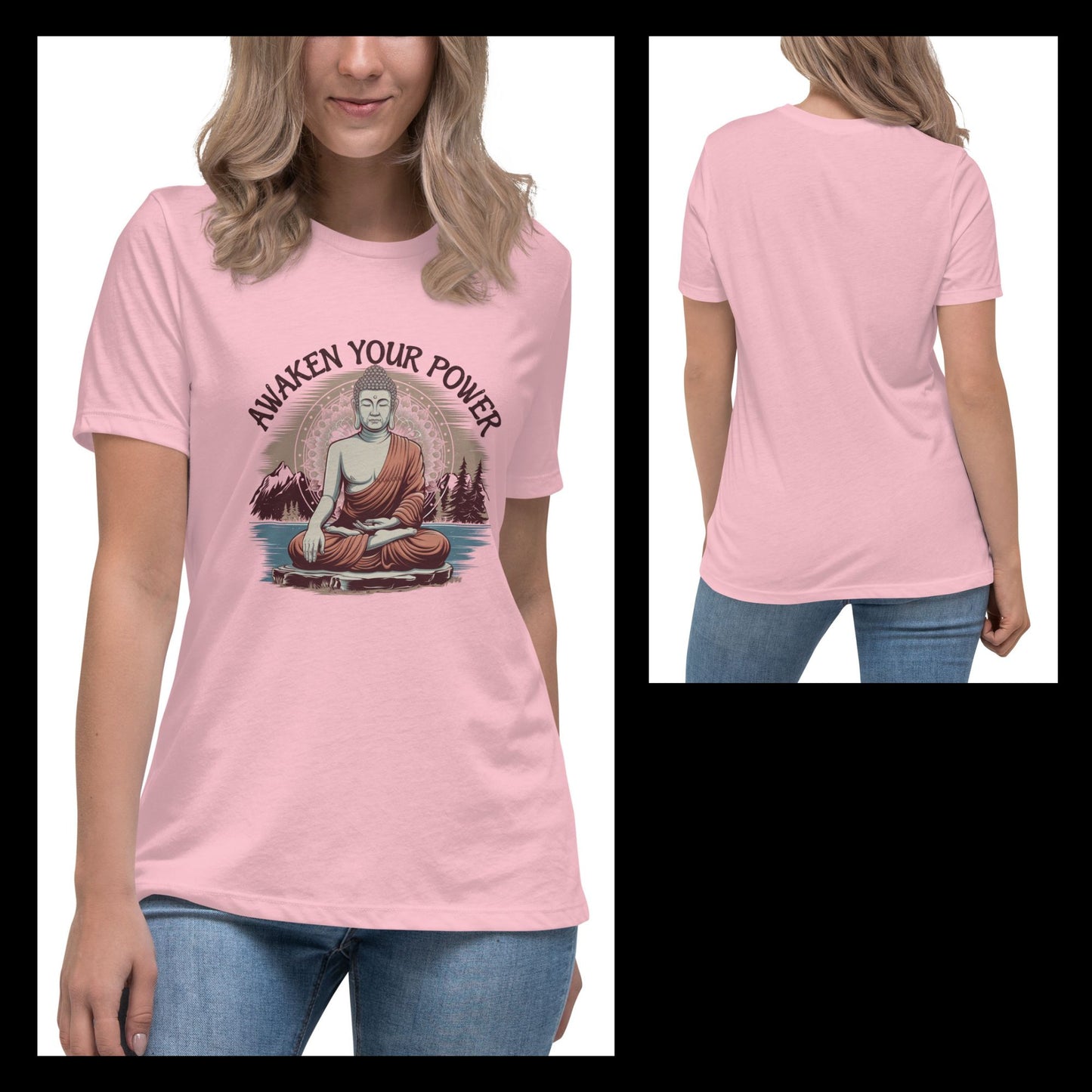 Front and back view of a light pink women's apparel tee with an "Awaken Your Power" graphic of a meditating figure.