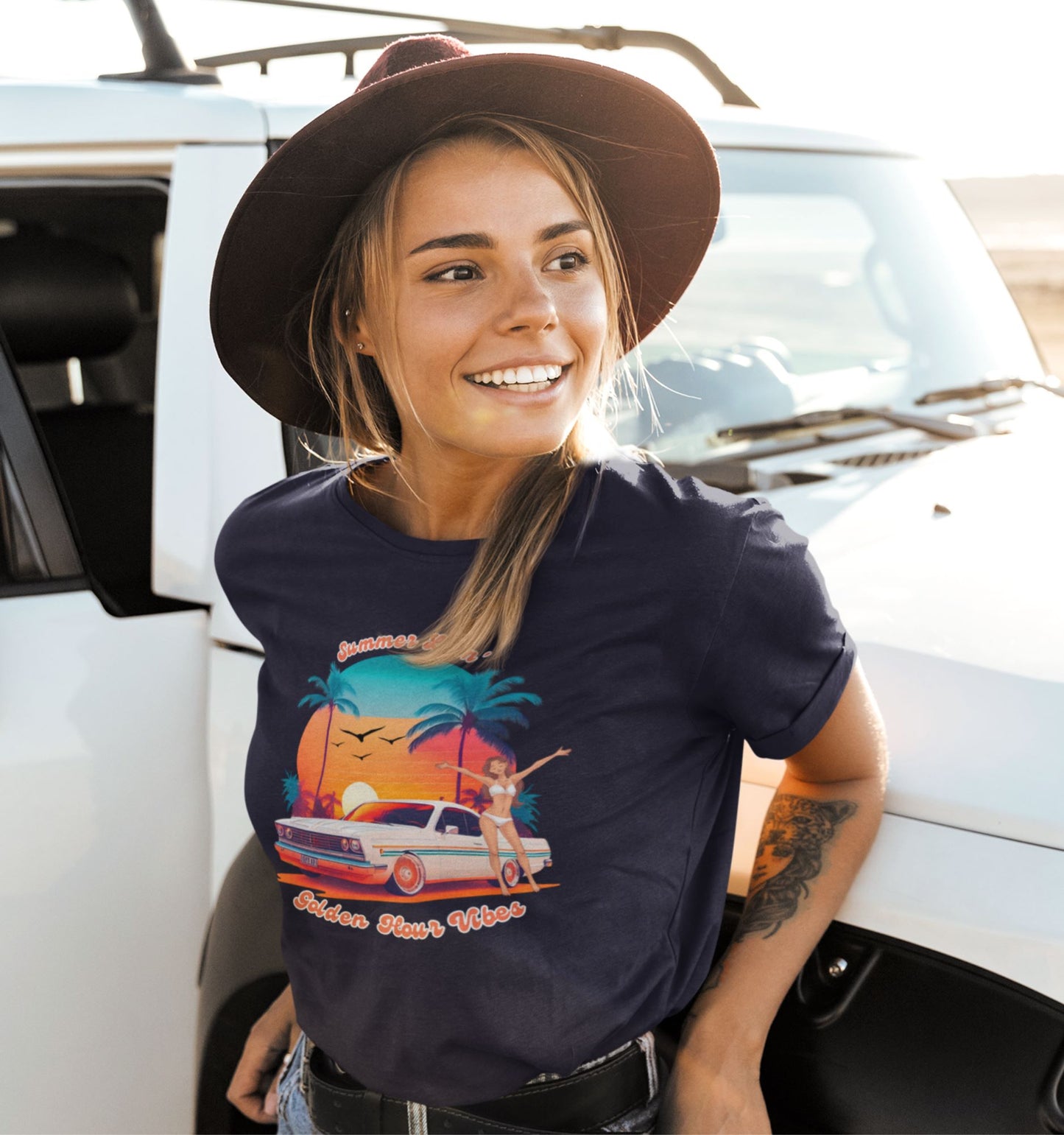 round-neck-navy-tee-color-mockup-with-a-happy-young-woman-wearing-a-hat-and-leaning-on-her-suv