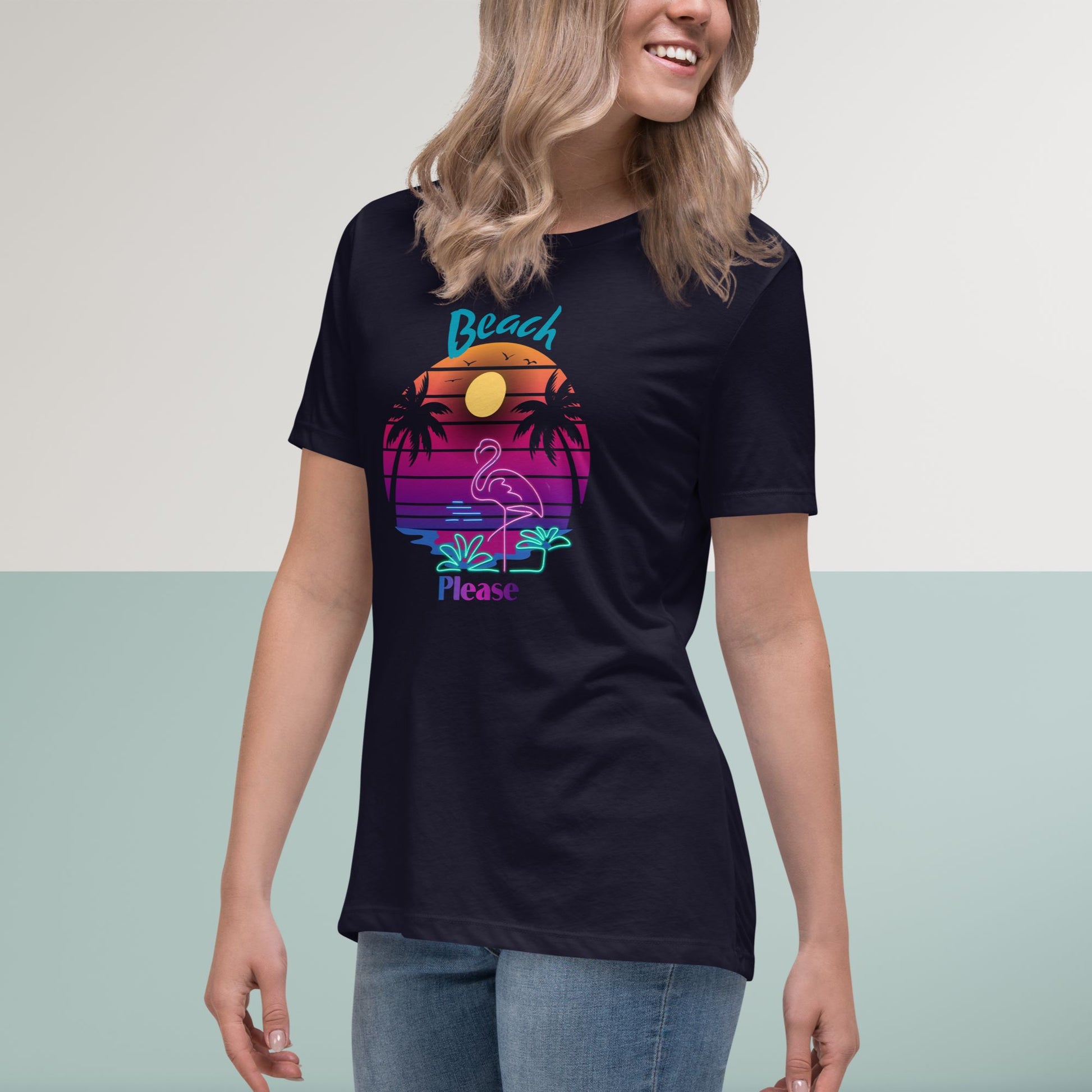 t-shirt-for-women-with-beach-please-tag-line-for-summer-season-with-a-pink-red-summer-sunset-and-pink-flamingo