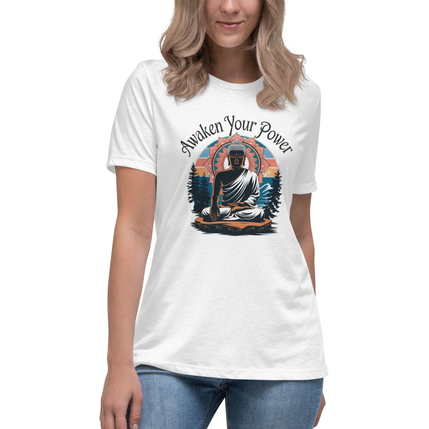 White t-shirt with a graphic of a meditating figure and a colorful mandala design, ideal for mindfulness and spiritual apparel searches.