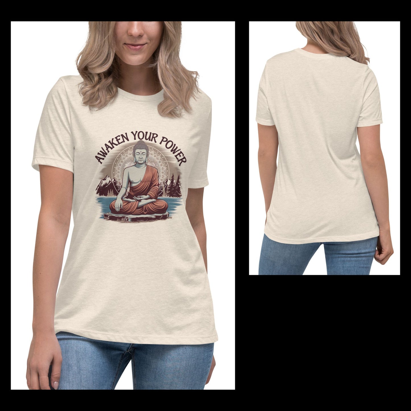 Front and back view of a women's Heather Prism Natural t-shirt with an "Awaken Your Power" meditating figure graphic.