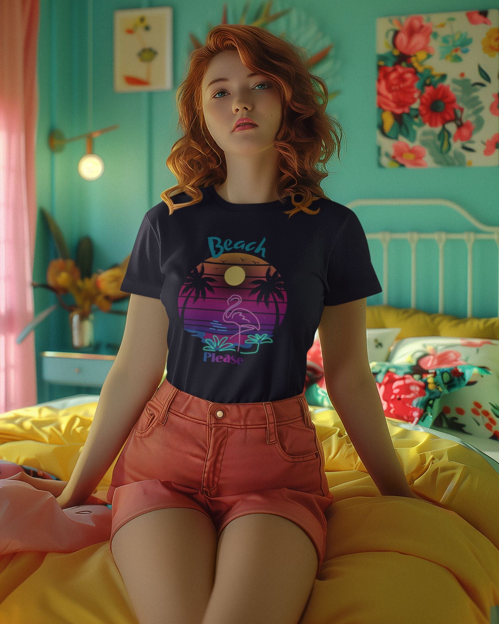 young-woman-with-a-beautiful-ginger-hair-posing-in-her-personal-bedroom-wearing-a-black-summer-beach-t-shirt