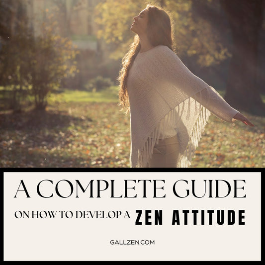 Peaceful-woman-with-arms-open-in-a-park-overlaid-with-text-about-a-guide-for-developing-a-Zen-attitude.