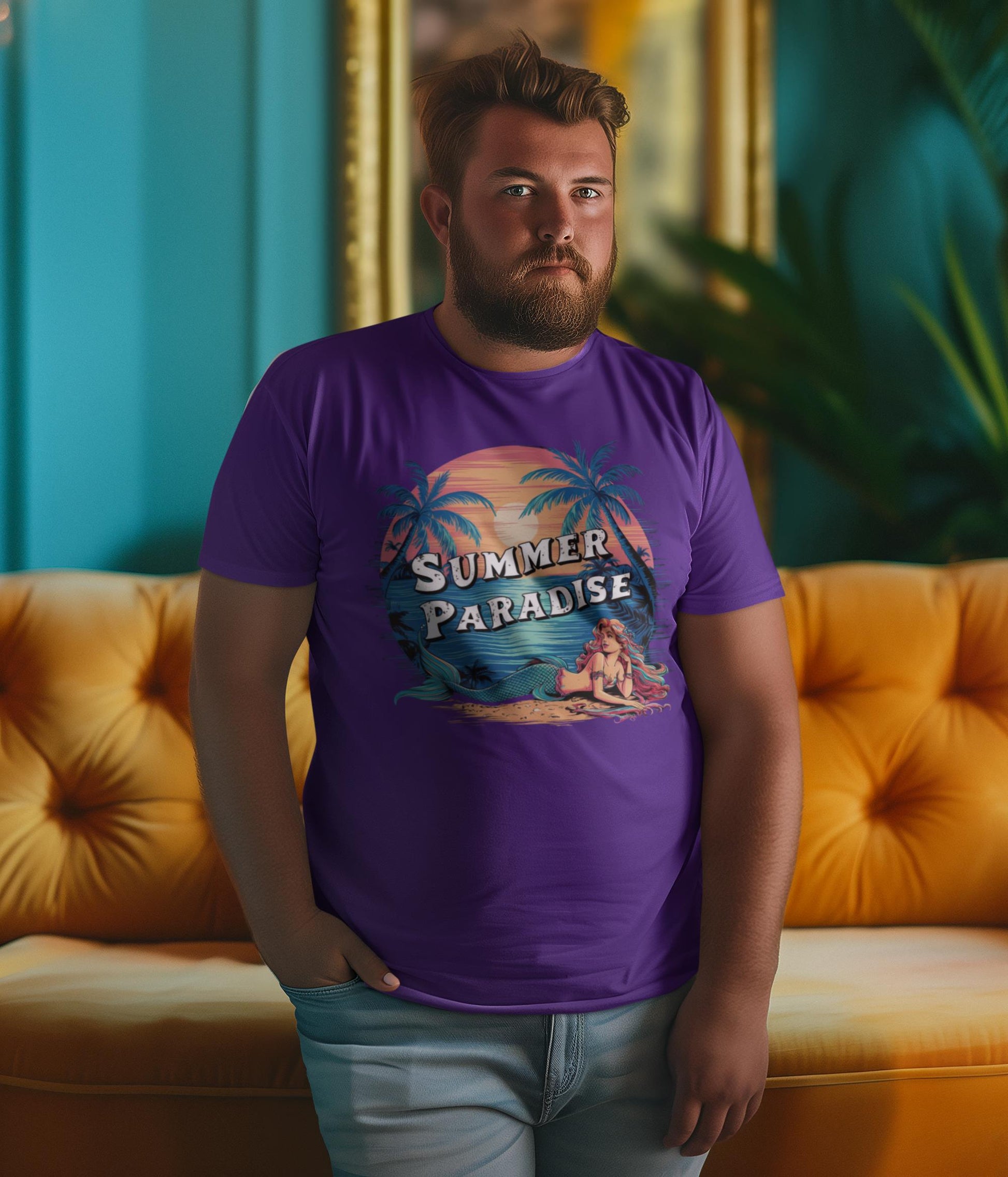 30-year-old-man-poses-in-a-stylish-living-room-wearing-a-purple-t-shirt-printed-with-a-summer_design-for-beach-lovers