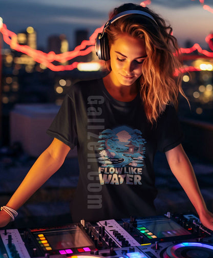 A-young-woman-DJ-with-tousled-blonde-hair-and-large-headphones-focuses-on-her-DJ-equipment-while-wearing-a-black-t-shirt-featuring-the-Flow-Like-Water-design-The-setting-is-a-rooftop-at-night-with