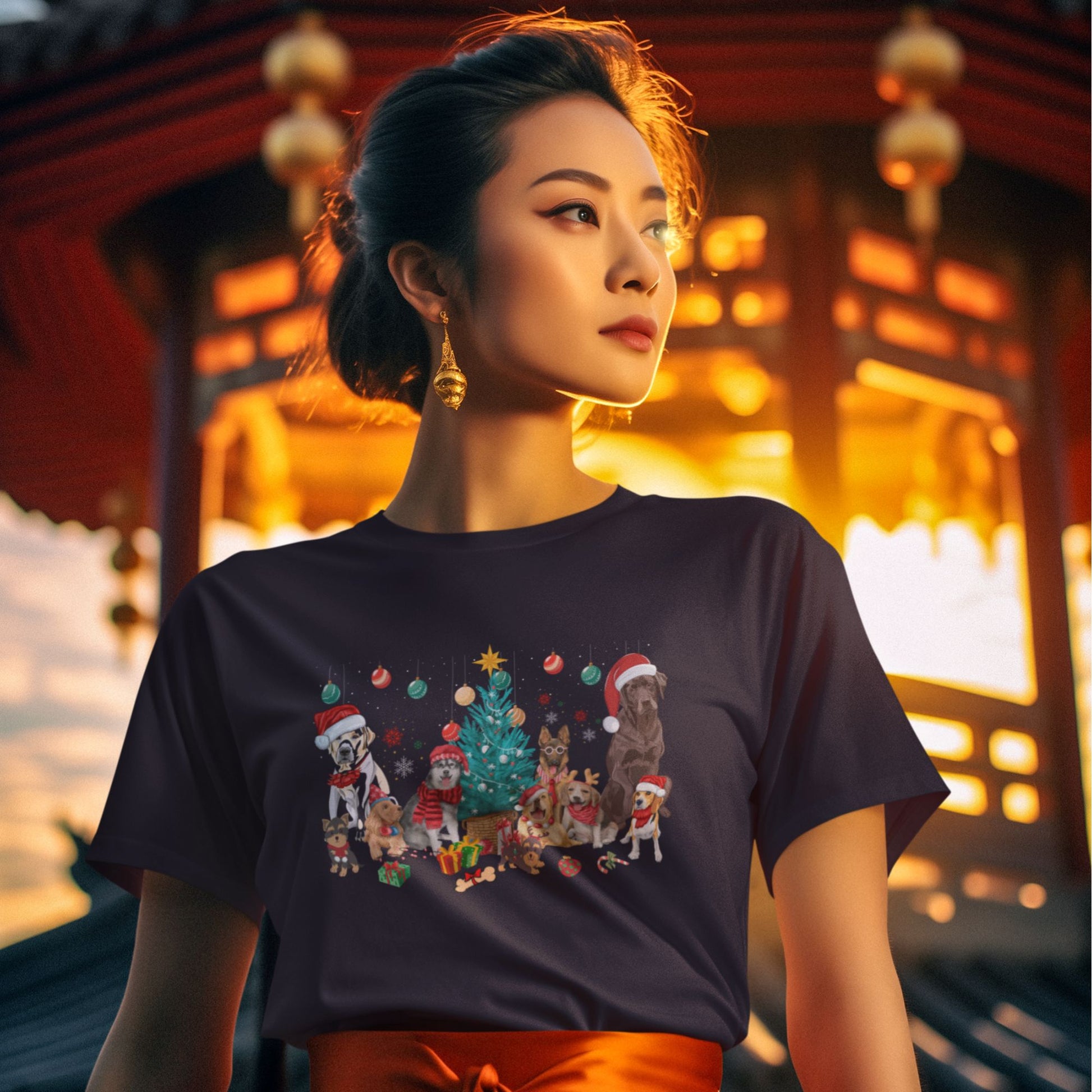 A-chic-young-woman-in-a-Christmas-themed-T-shirt-framed-by-the-warm-glow-of-a-historic-temple-and-sunset-in-the-background