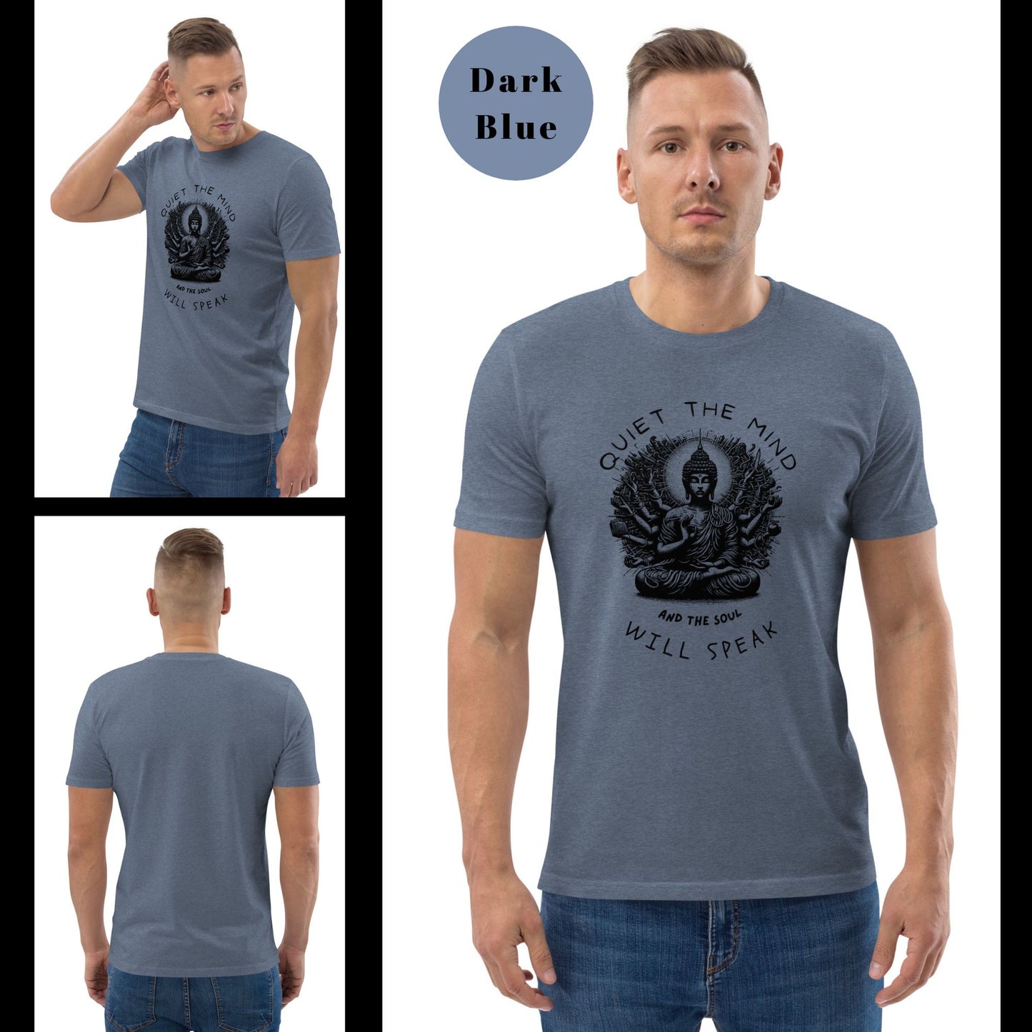 A-man-wearing-a-dark-blue-t-shirt-featuring-a-meditating-Buddha-with-multiple-arms-and-the-text-Quiet-the-mind-and-the-soul-will-speak