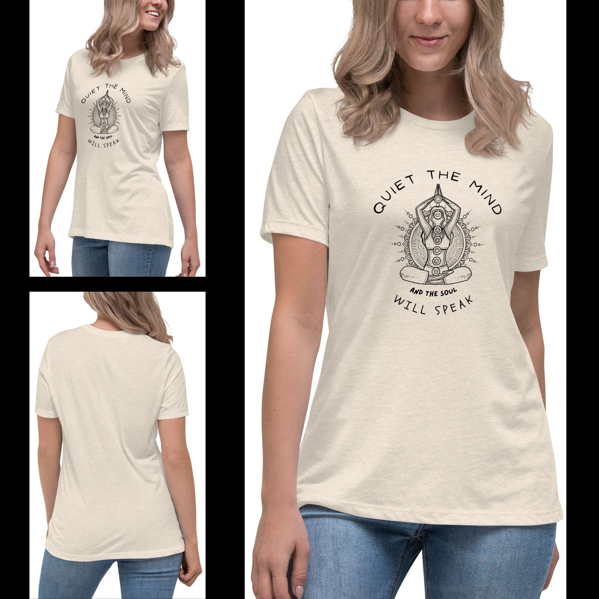 A-serene-cream-colored-t-shirt-featuring-a-yoga-pose-design-of-a-seated-figure-with-chakras-and-the-phrase-Quiet-the-mind