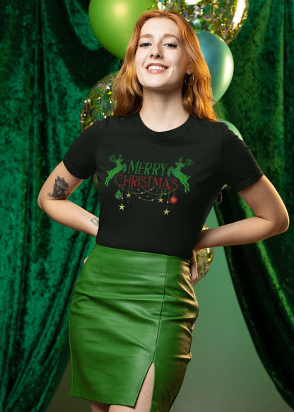 A-smilling-Red-haired-woman-with-a-black-t-shirt-printed-with-santa-reindeers-celebrating-christmas-party