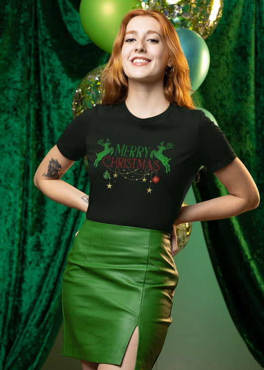 A-smilling-Red-haired-woman-with-a-black-t-shirt-printed-with-santa-reindeers-celebrating-christmas-party