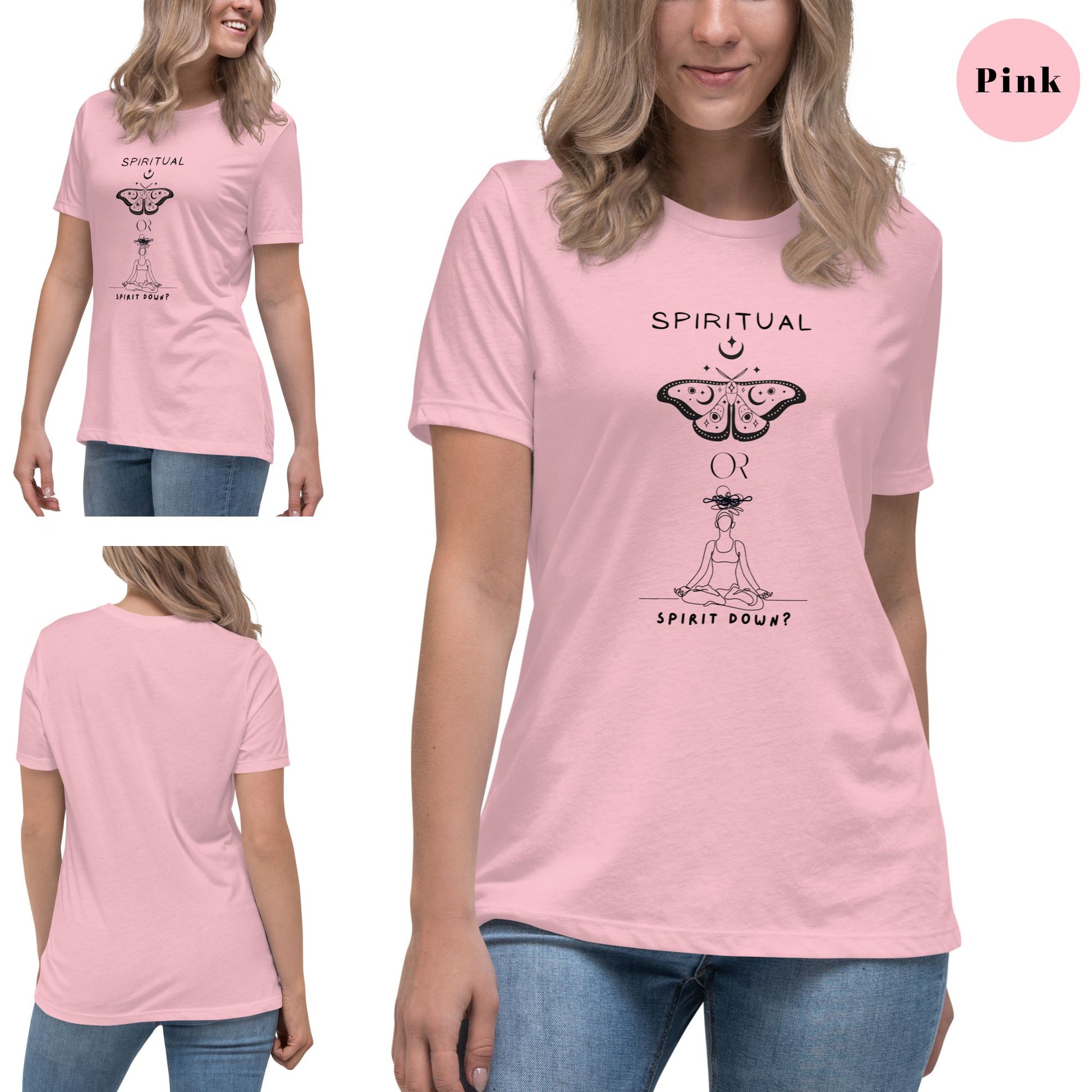 A-woman-model-wearing-a-pink-t-shirt-with-a-butterfly-symbol-and-a-yoga-pose-with-the-words-Spiritual-or-Spirit-Down