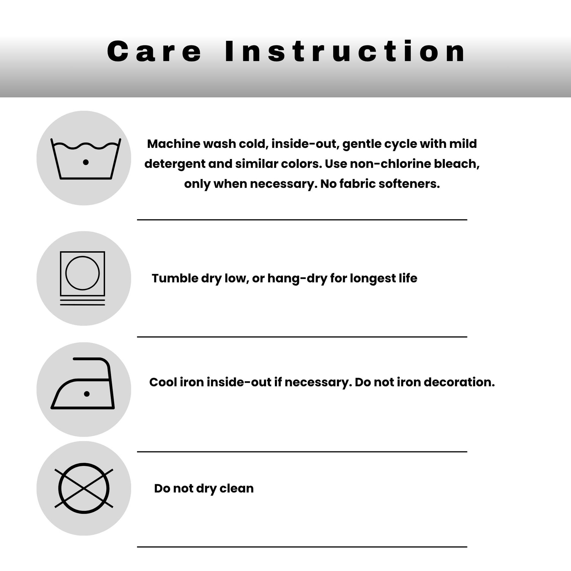 Care instruction sheet with washing, drying, and ironing guidelines.