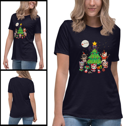Attractive-woman-in-a-festive-navy-t-shirt-featuring-a-cheerful-Christmas-design-with-animals-and-decorations