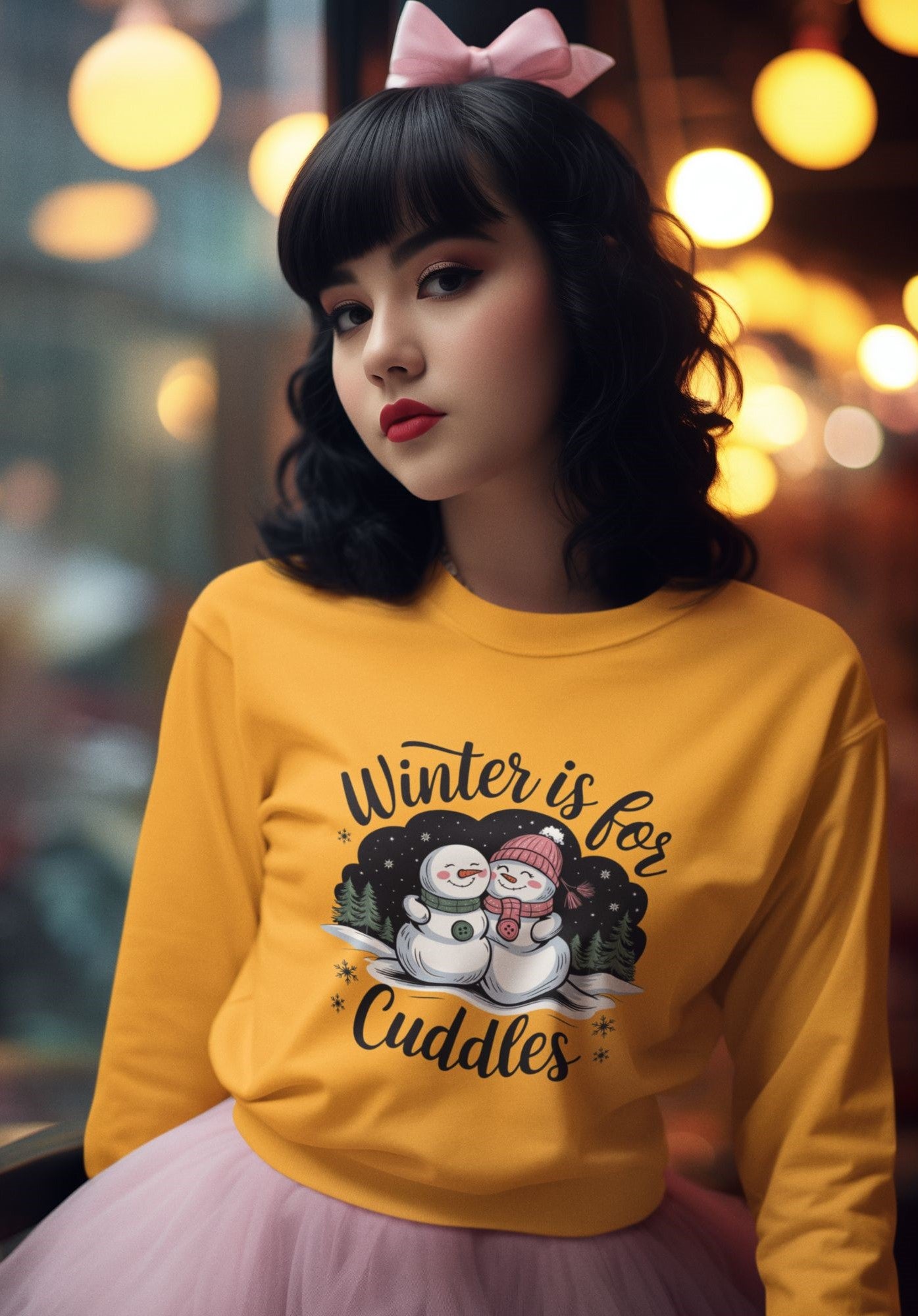 Black-haired-woman-in-a-cozy-yellow-sweatshirt-featuring-a-snowman-design-and-Winter-is-for-Cuddles-text-styled-with-soft-curls-and-a-pink-bow