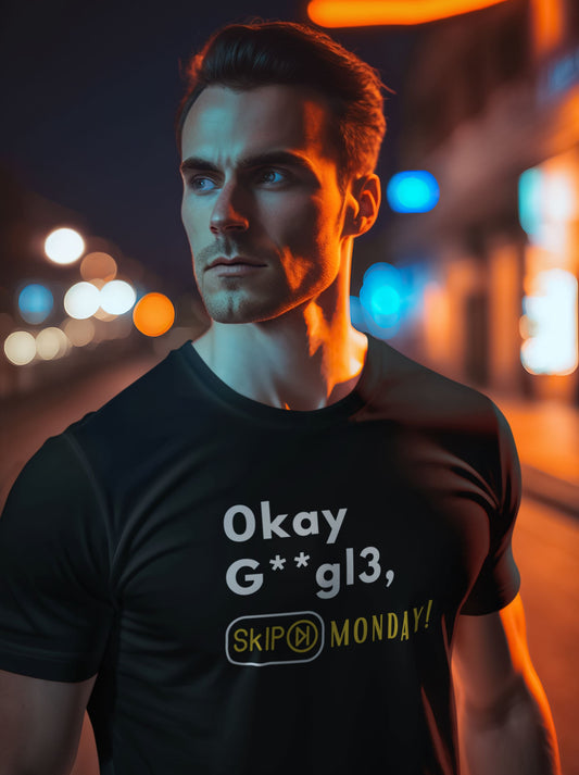 Black-t-shirt-with-witty-skip-Monday-message-worn-by-a-casually-dressed-man-at-night-hinting-at-voice-command