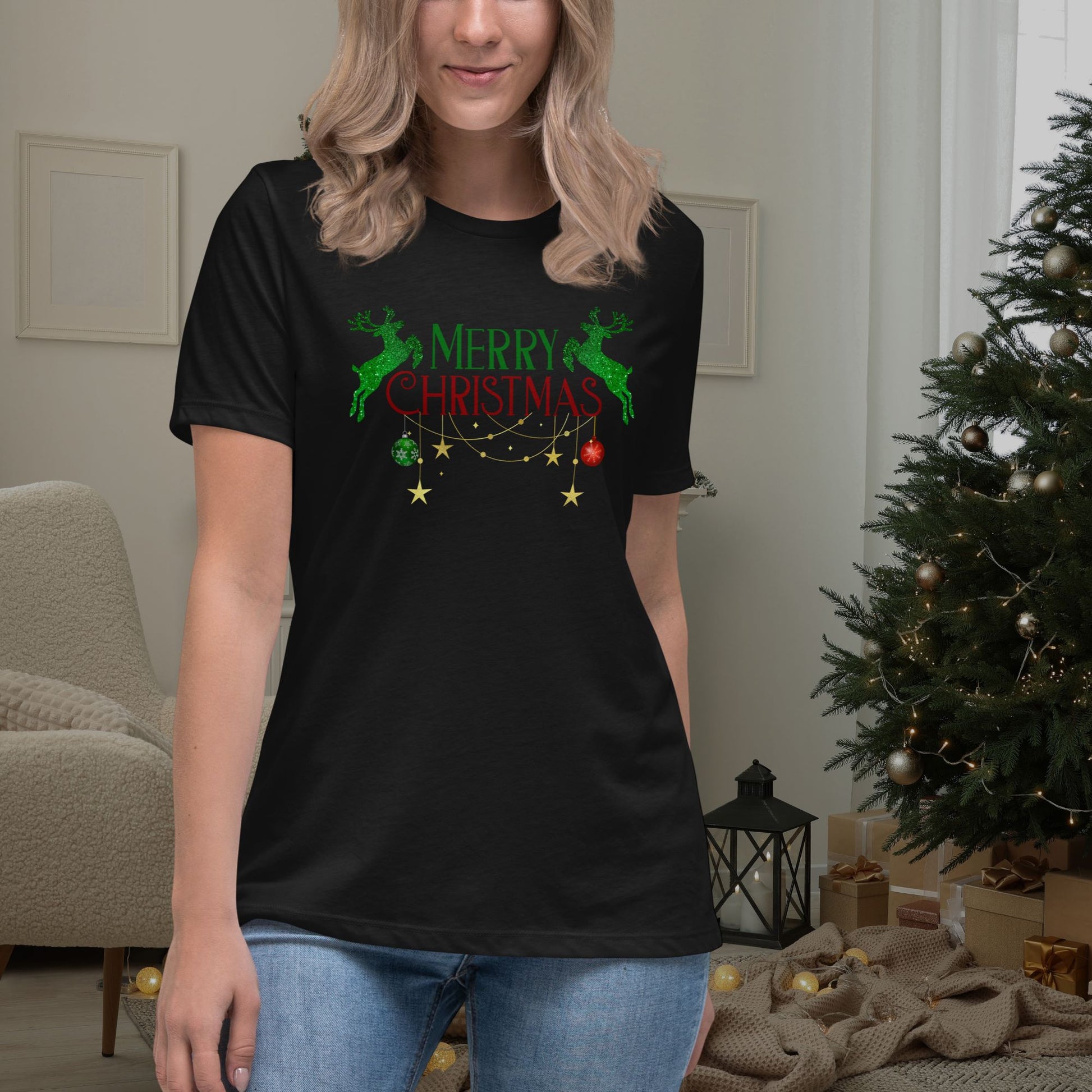 Blonde-female-in-a-black-t-shirt-with-a-decorative-Christmas-print-posing-in-a-elegant-living-room-decorated-for-christmas-holiday