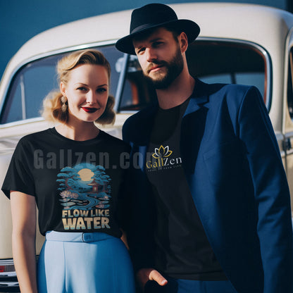 Blonde-mature-woman-wearing-a-Vintage-inspired-t-shirt-featuring-a-calming-river-and-Japanese-pagoda-design-with-Flow-Like-Water-text-posing-with-her-husband-for-gallzen-website