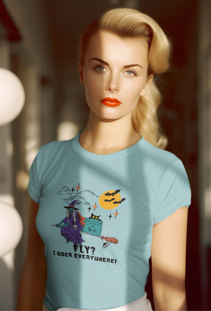 Blonde-woman-posing-for-social-media-on-a-funny-Halloween-t-shirt-with-a-spooky-witch-motif