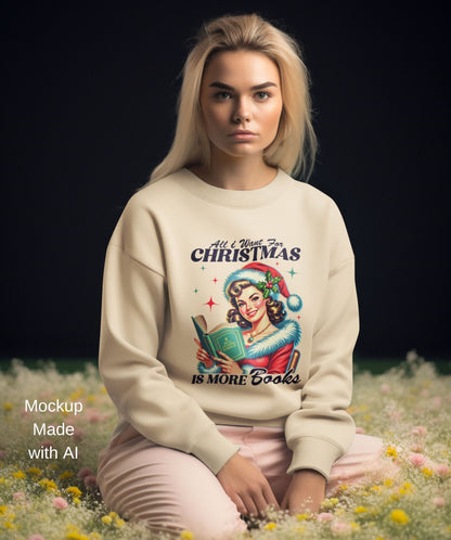 Blonde-woman-posing-in-a-field-with-flowers-wearing-Christmas-sweatshirt-featuring-a-retro-festive-book-design