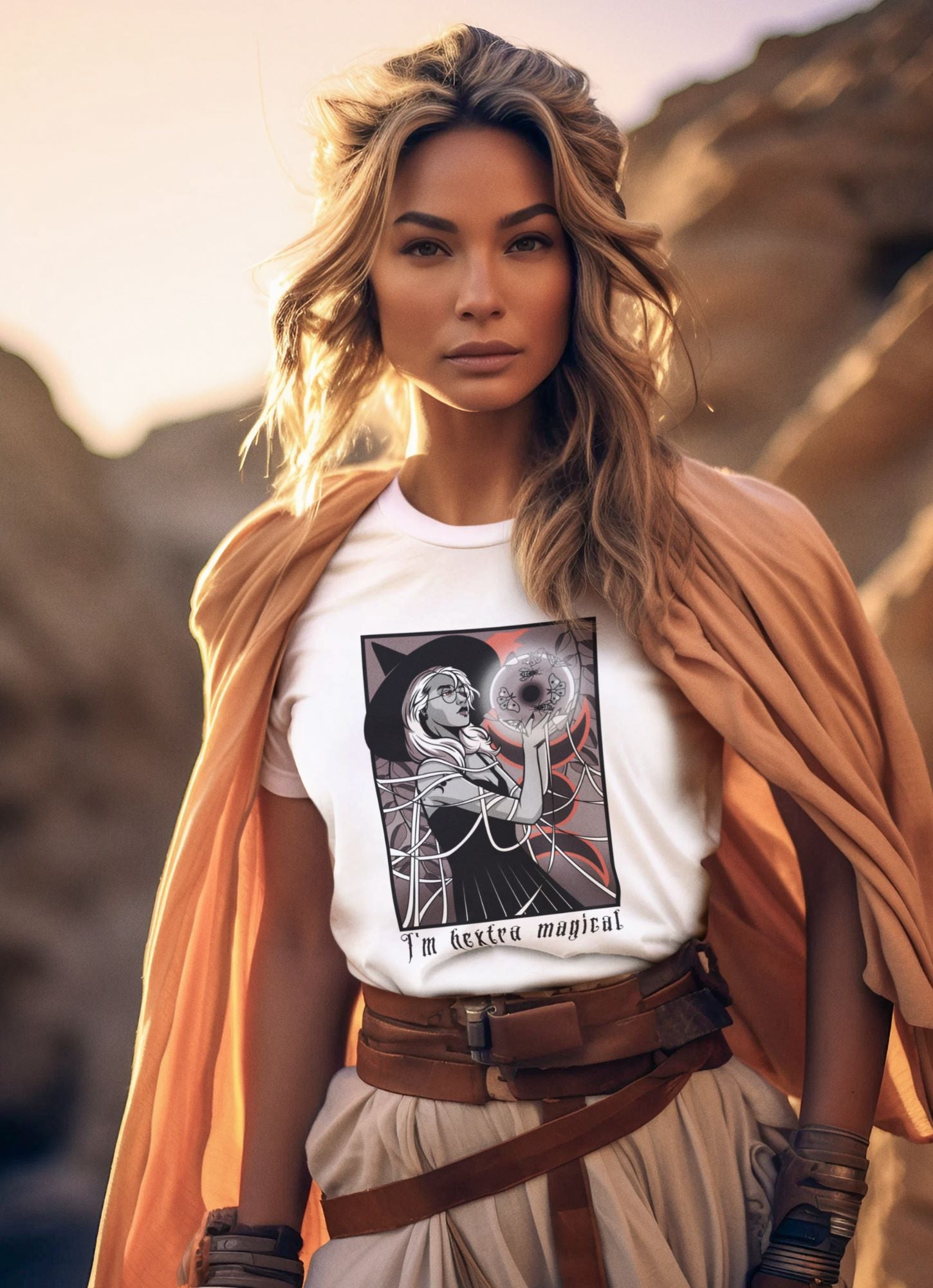 Blonde-woman-wearing-a-white-t-shirt-with-a-hex-themed-design-in-a-futuristic-well-lit-hallway