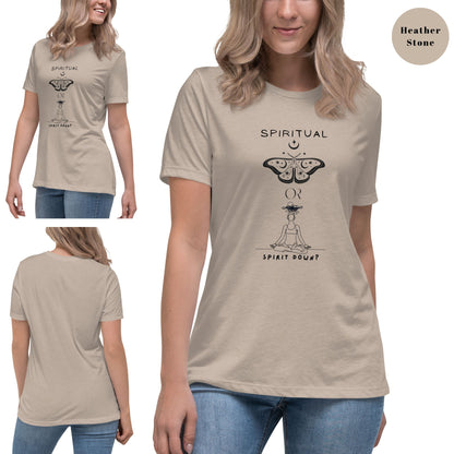 Casual-heather-stone-t-shirt-with-a-butterfly-and-meditation-themed-graphic-including-the-phrase-Spiritual-or-Spirit-Down-worn-by-a-woman