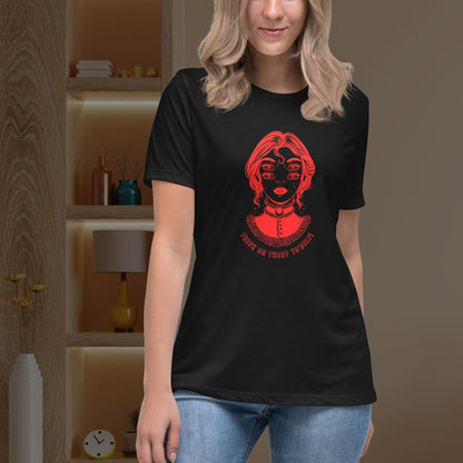 Casual-styled-woman-showcasing-a-black-t-shirt-with-Halloween-inspired-face-print-in-red-and-white