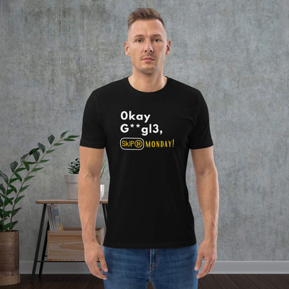 Casually-dressed-man-in-a-black-printed-t-shirt-featuring-a-comical-phrase-suggesting-skipping-Monday-with-voice-command