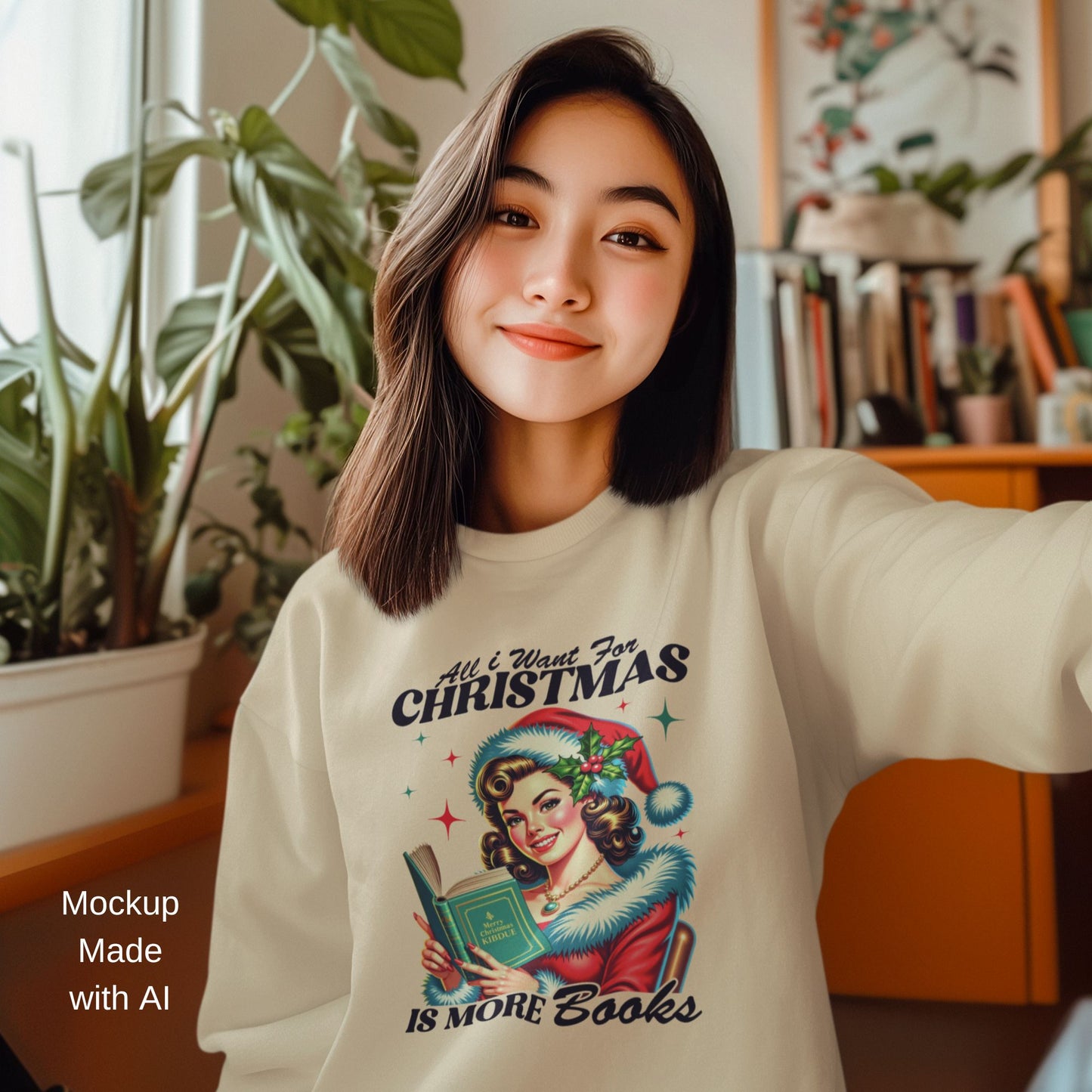 Cheerful-woman-posing-in-a-cozy-room-filled-with-plants-and-bookshelves-modeling-a-Christmas-themed-sweatshirt-with-a-vintage-style-design-about-books