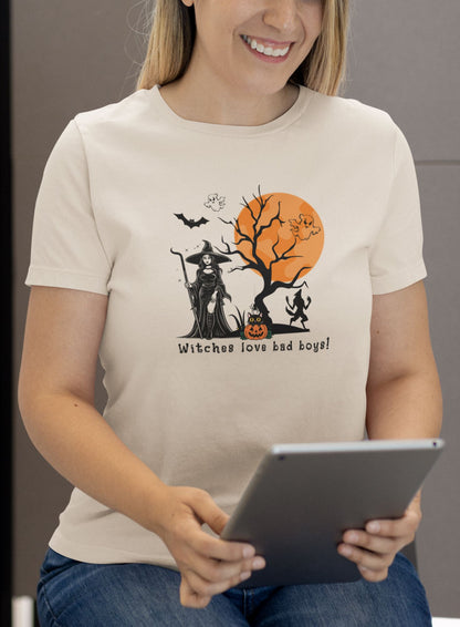Chic-casual-outfit-featuring-a-witch-themed-tee-mockup-featuring-a-woman-using-a-tablet