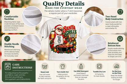 T-shirt quality and care infographic highlighting double-needle sleeve and hem stitching, two-panel body construction, comfortable neckline tape, and washing instructions to help preserve the Santa grilling Christmas print.