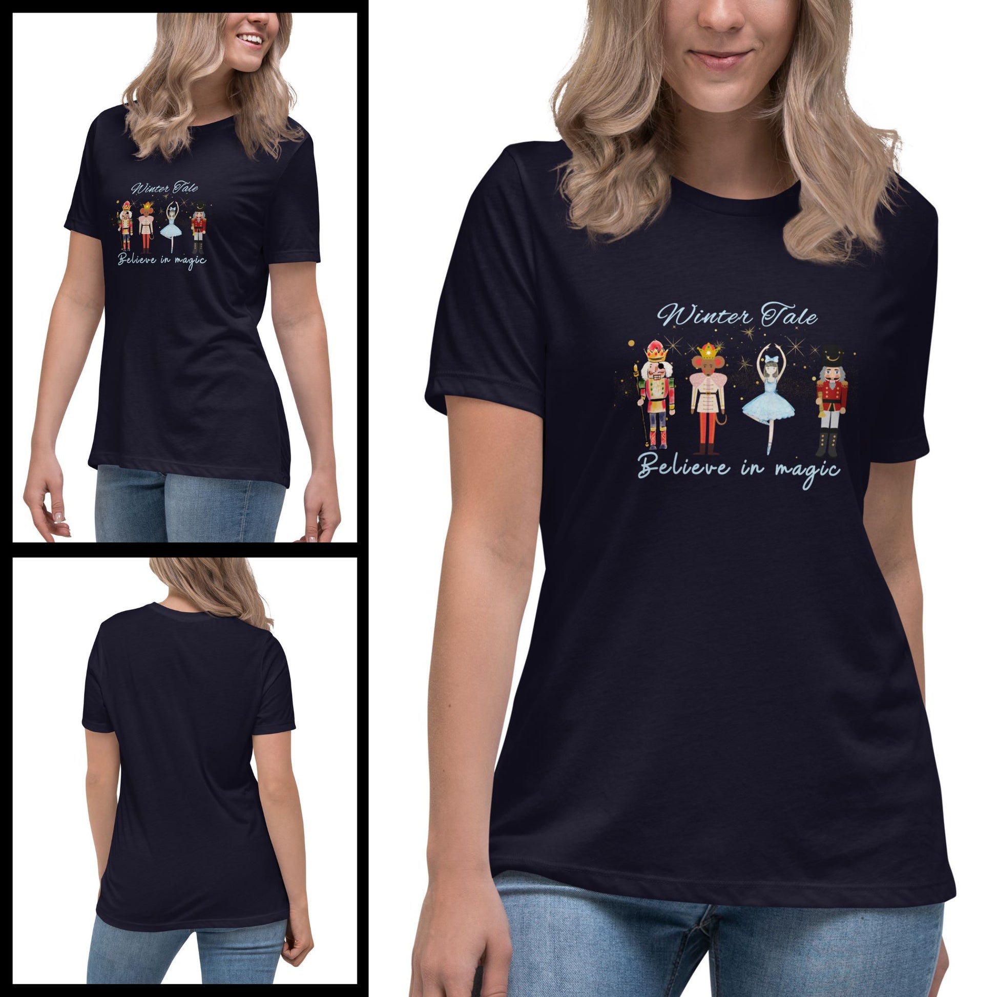 Close-up-view-of-a-woman-navy-r-elaxed-fit-t-shirt-with-a-vibrant-Nutcracker-design-saying-Believe-in-magic-ideal-for-holiday-wear