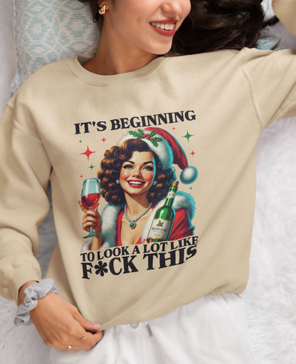 Cozy-Christmas-sweatshirt-with-a-vintage-holiday-design-and-bold-lettering-worn-by-a-woman-smiling-on-a-bed