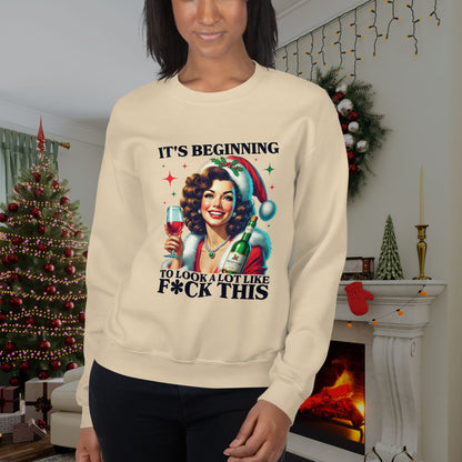 Cozy-beige-sweatshirt-featuring-a-humorous-holiday-graphic-worn-by-a-cheerful-woman-near-a-decorated-Christmas-tree