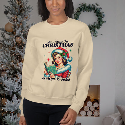 Cozy-holiday-scene-featuring-a-woman-wearing-a-cream-sweatshirt-with-All-I-Want-for-Christmas-is-More-Books-design-posed-near-a-fireplace-and-Christmas-tree