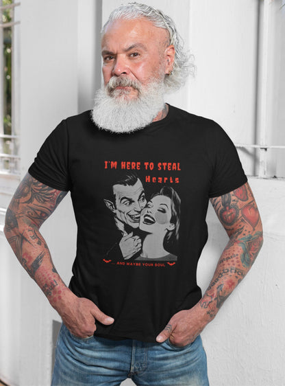 Elderly-bearded-man-with-tattoos-wearing-a-black-vampire-halloween-t-shirt-with-playful-text